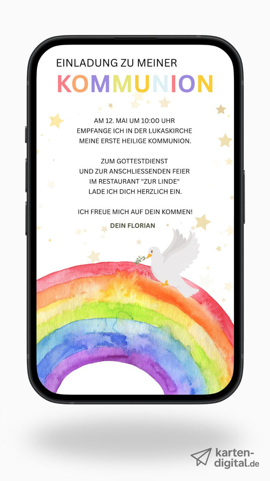 Digitale Einladung zur Kommunion – mit Regenbogen & Taube im kindgerechten Design