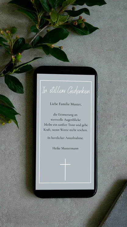 Digitale Kondolenzkarte – Grau & Kreuz