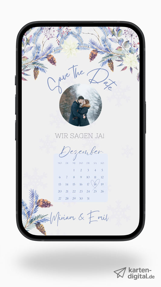 Save-the-Date zur Winterhochzeit – digitale Karte mit romantischem Winterdesign