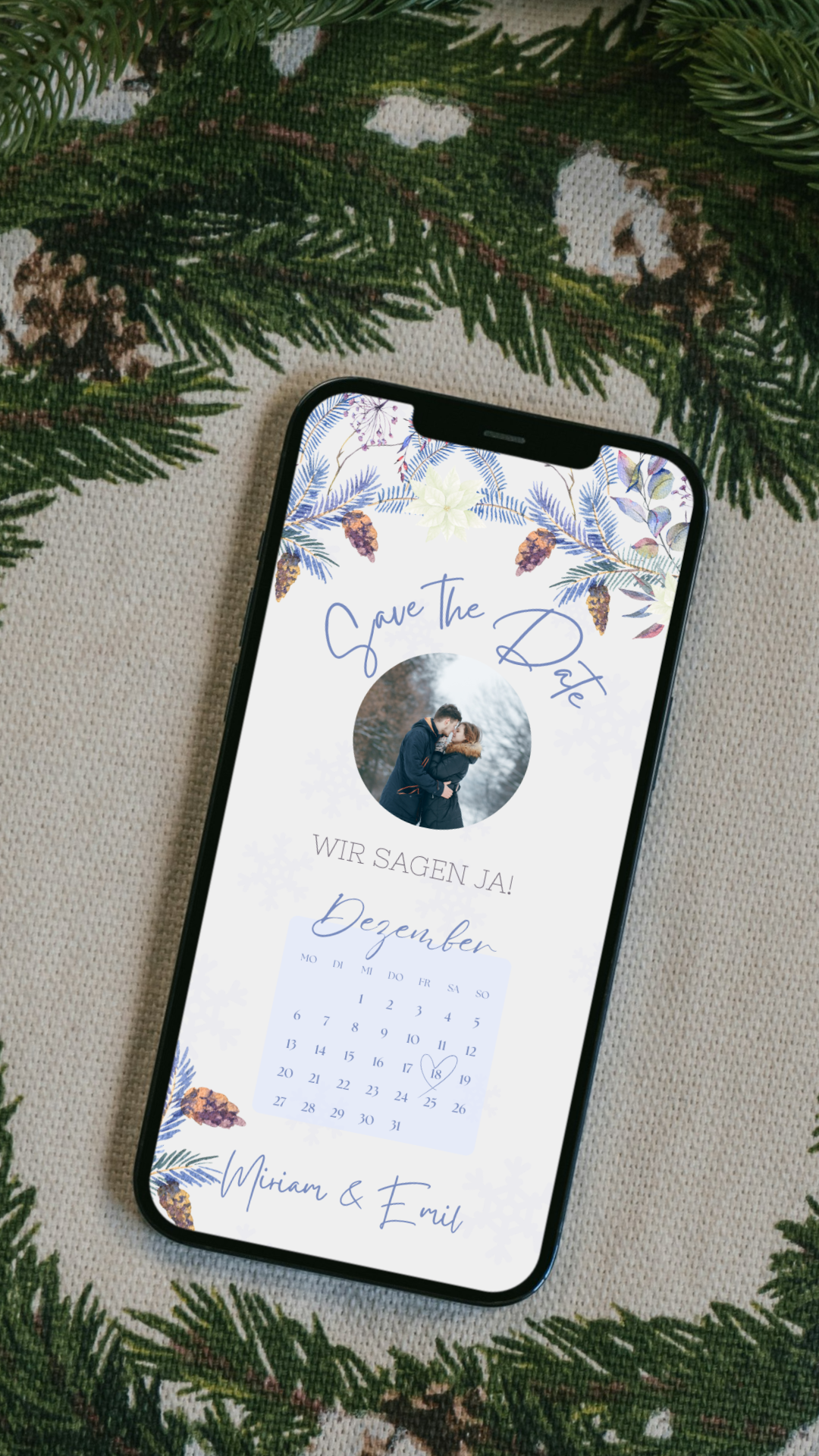 Save-the-Date zur Winterhochzeit – digitale Karte mit romantischem Winterdesign