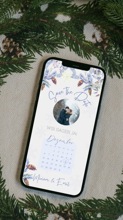 Save-the-Date zur Winterhochzeit – digitale Karte mit romantischem Winterdesign