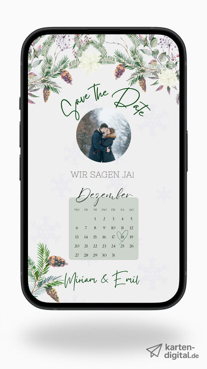 Winterliche Save-the-Date Karte – digital & stilvoll mit Tannenzweigen und Kalender