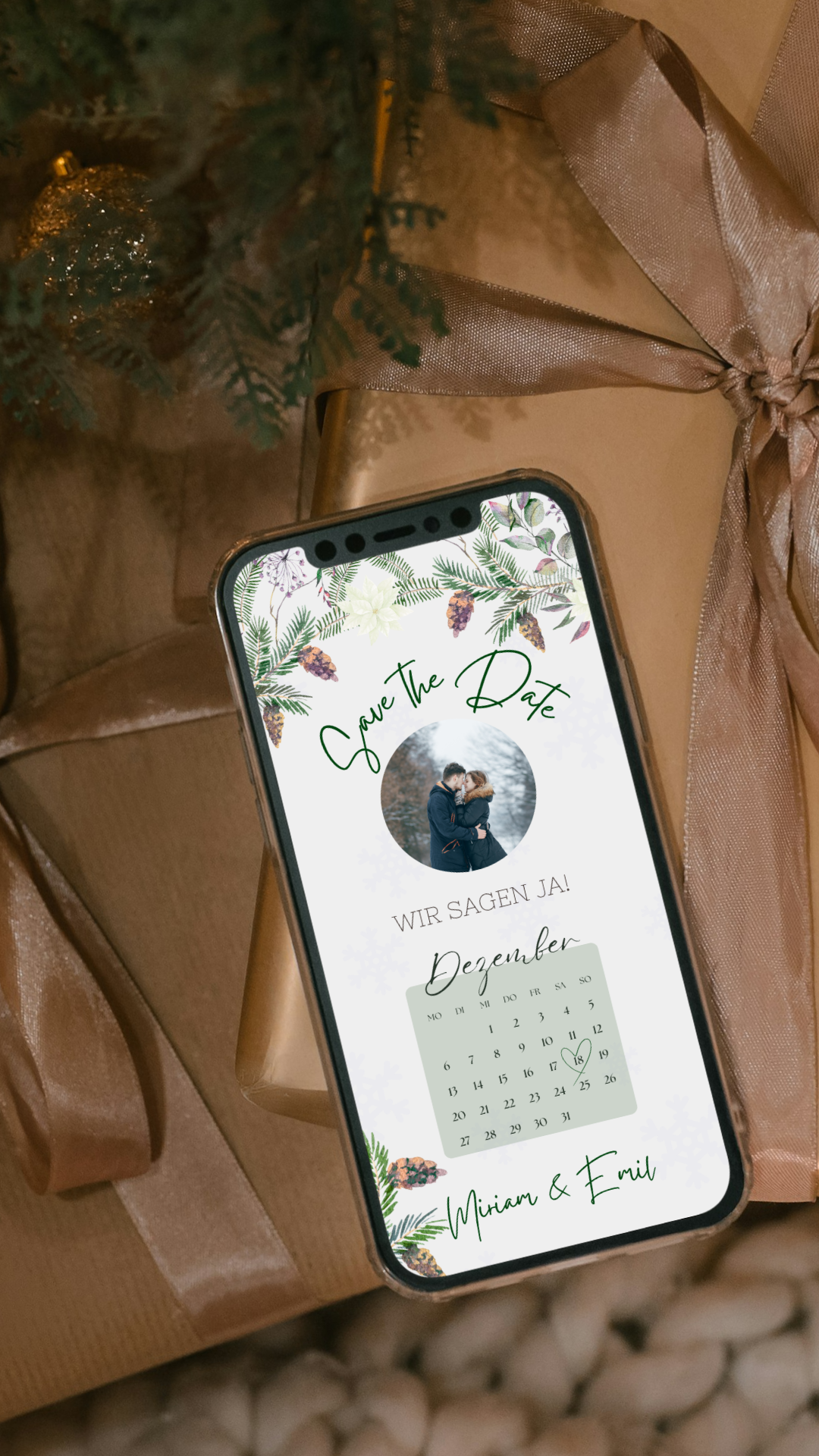 Winterliche Save-the-Date Karte – digital & stilvoll mit Tannenzweigen und Kalender