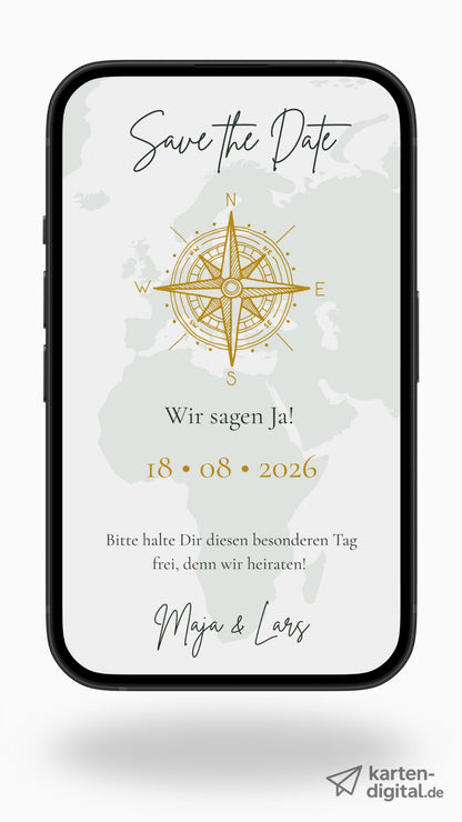 Save-the-Date Karte mit Kompass – digital & perfekt für eure gemeinsame Reise