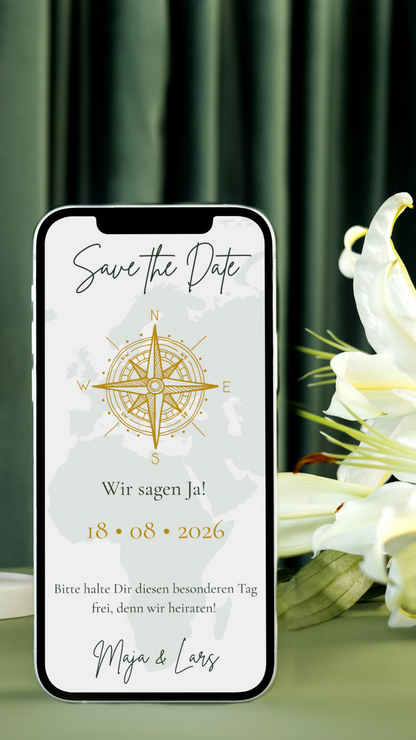 Save-the-Date Karte mit Kompass – digital & perfekt für eure gemeinsame Reise