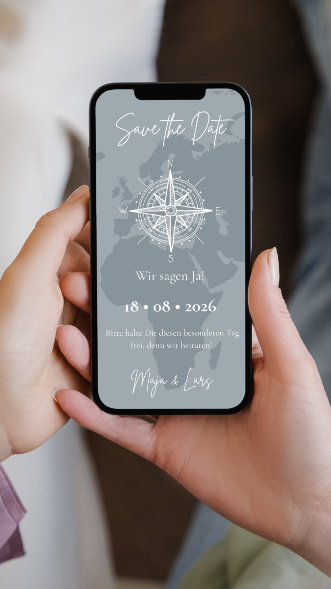 Digitale Save-the-Date Karte mit Kompass – stilvoll für Fernbeziehungen & Hochzeiten im Ausland