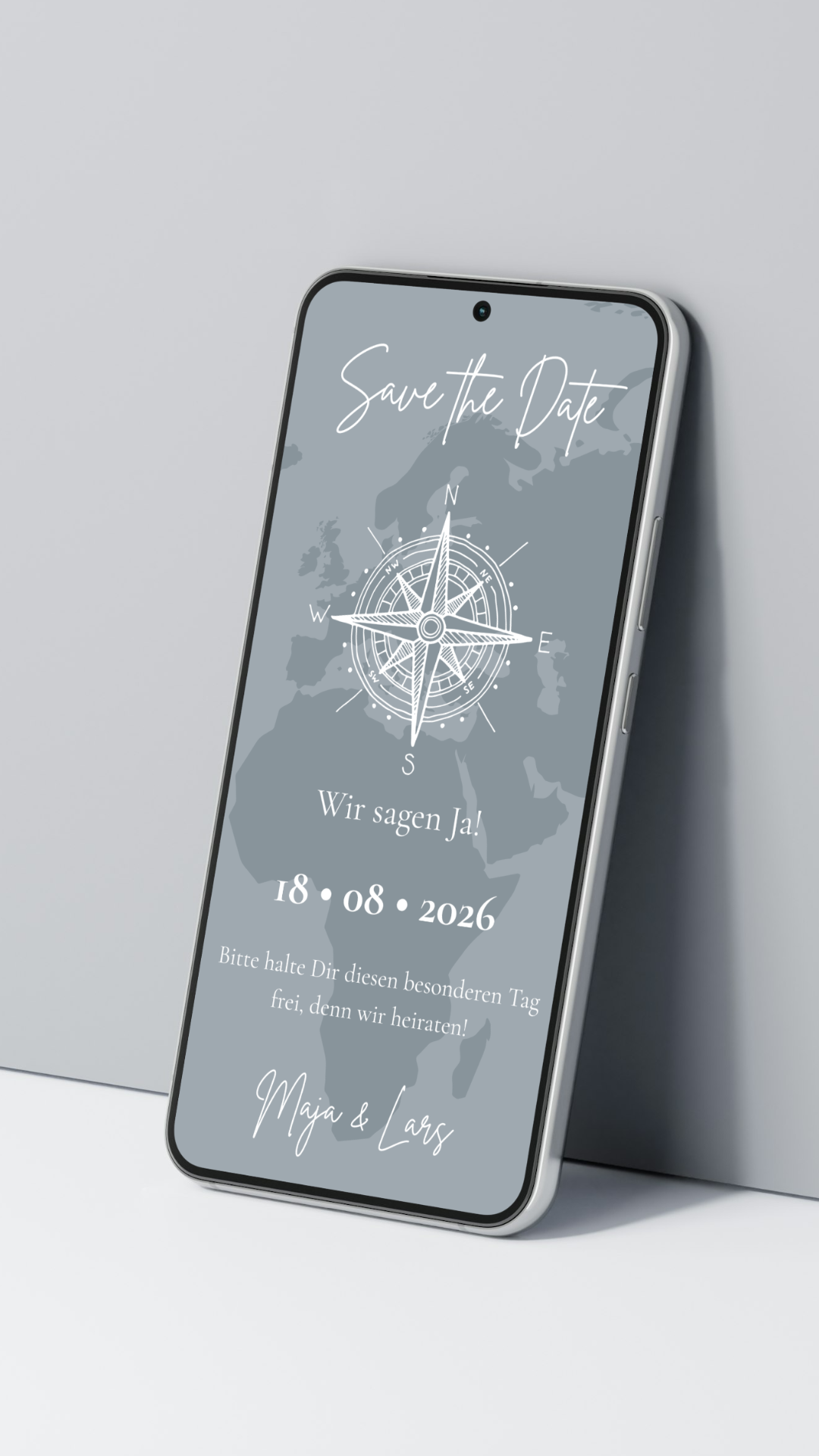 Digitale Save-the-Date Karte mit Kompass – stilvoll für Fernbeziehungen & Hochzeiten im Ausland