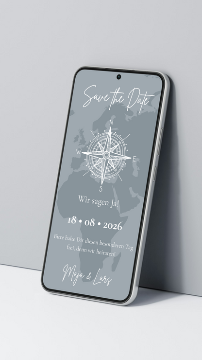 Digitale Save-the-Date Karte mit Kompass – stilvoll für Fernbeziehungen & Hochzeiten im Ausland