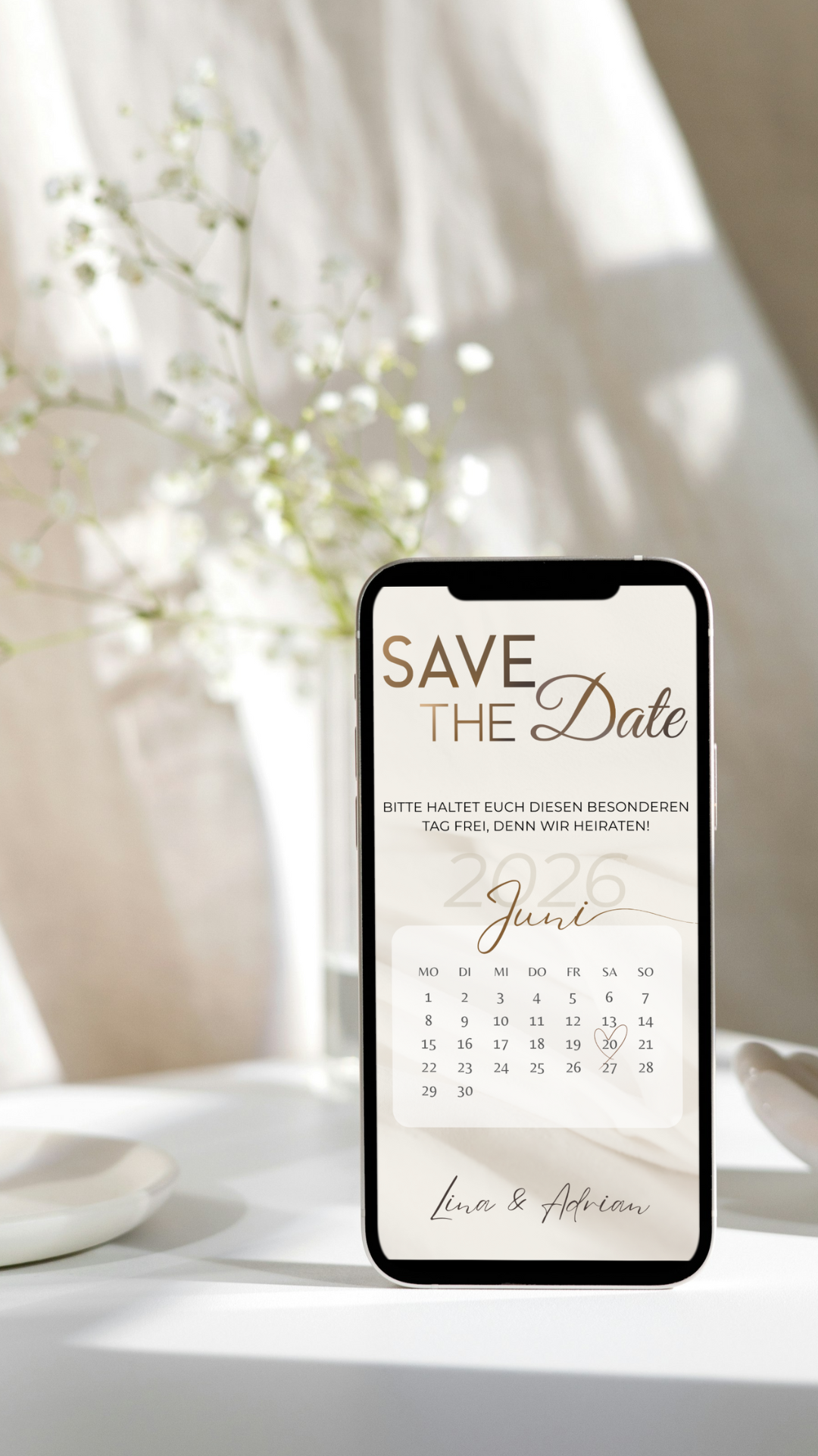 Digitale Save-the-Date Karte mit Kalender – modern, schlicht & stilvoll
