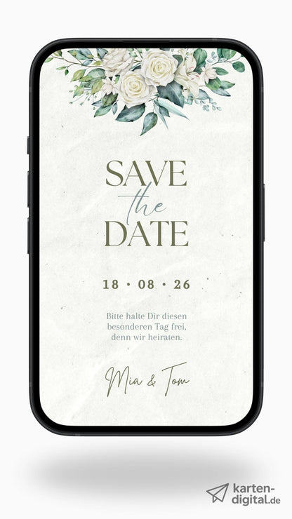 Florale Save-the-Date Karte – digital & romantisch mit weißen Rosen