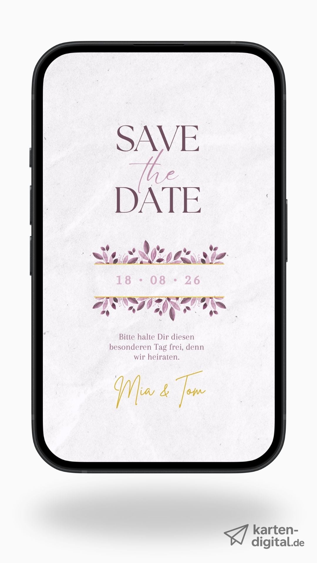 Edle Save-the-Date Karte mit floralen Elementen – digital & stilvoll in Lila und Gold