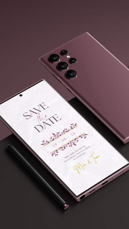 Edle Save-the-Date Karte mit floralen Elementen – digital & stilvoll in Lila und Gold