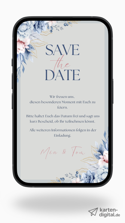 Digitale Save-the-Date Karte – Blau & Florales Aquarell