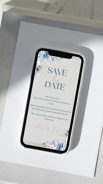 Digitale Save-the-Date Karte – Blau & Florales Aquarell
