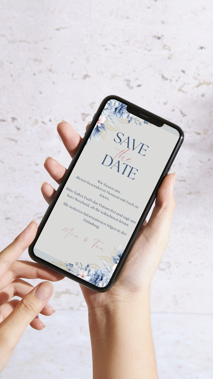 Digitale Save-the-Date Karte – Blau & Florales Aquarell