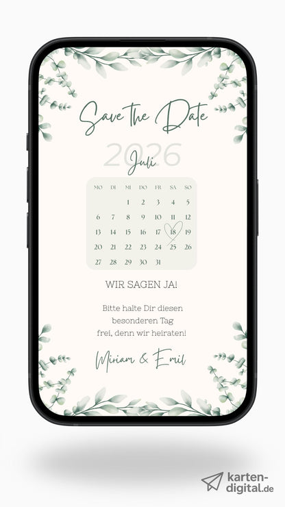 Digitale Save the Date Karte mit Kalender – Natürlich modern und stilvoll