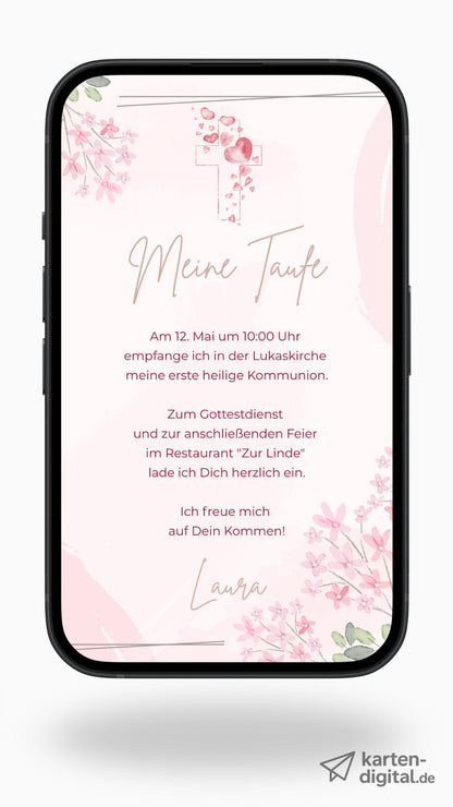 Digitale Einladung zur Taufe – zart & liebevoll mit floralen Aquarellblüten