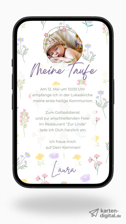 Digitale Taufeinladung mit Foto – liebevoll & blumig im Aquarellstil