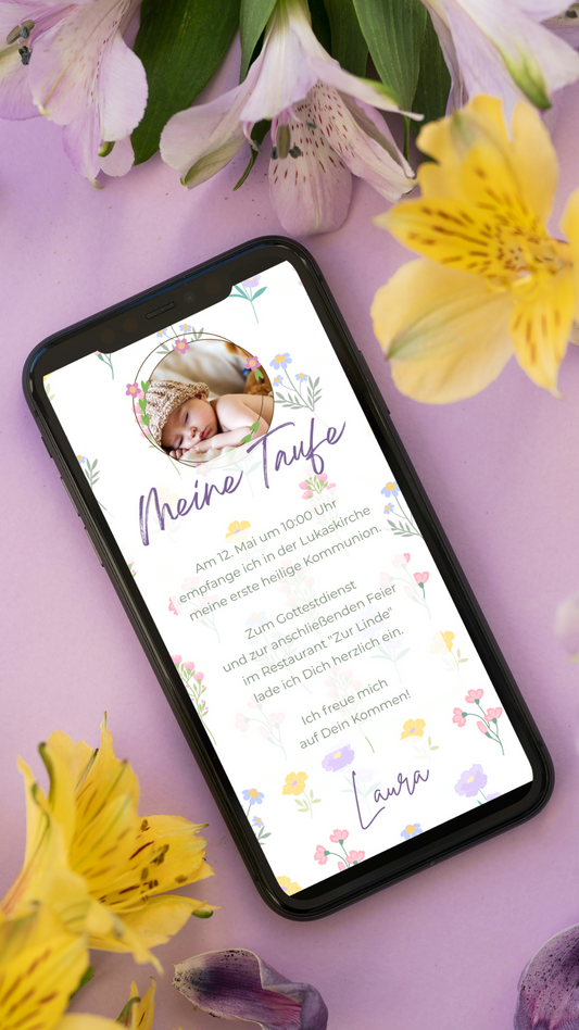 Digitale Taufeinladung mit Foto – liebevoll & blumig im Aquarellstil