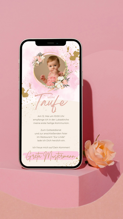 Digitale Taufeinladung mit Foto – edel & modern in Rosa und Gold