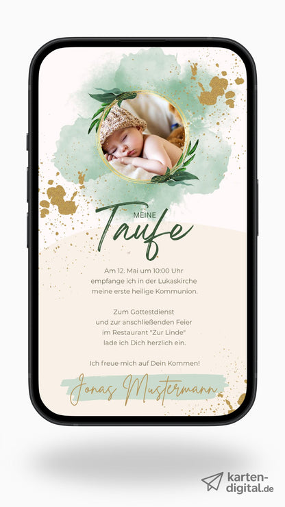Digitale Taufeinladung mit Foto – stilvoll & modern in Grün und Gold