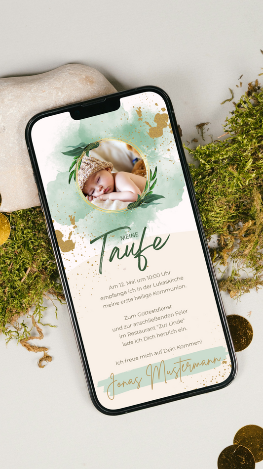 Digitale Taufeinladung mit Foto – stilvoll & modern in Grün und Gold