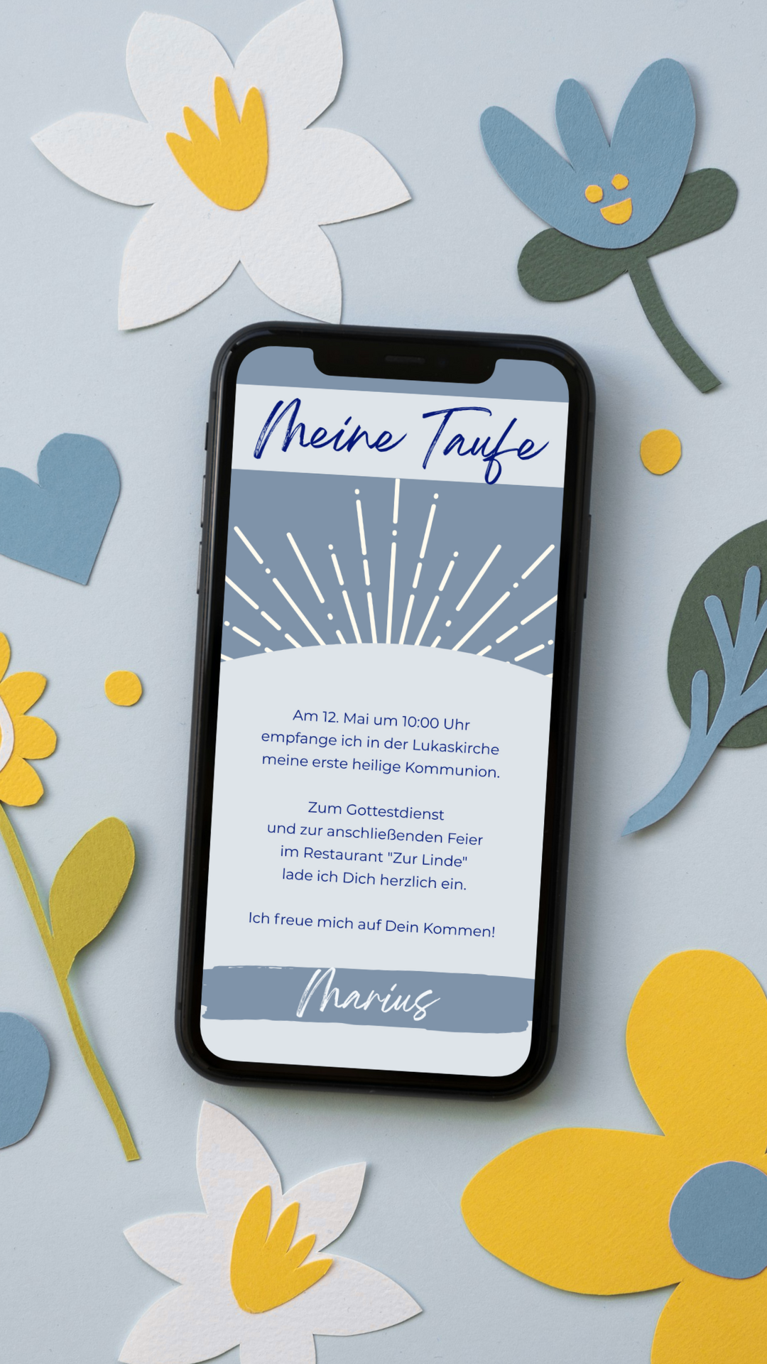 Moderne digitale Taufeinladung in Blau – stilvoll & zeitgemäß