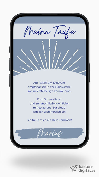 Moderne digitale Taufeinladung in Blau – stilvoll & zeitgemäß