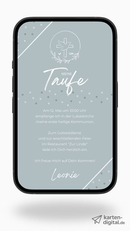 Schlichte digitale Taufeinladung mit christlichem Symbol – modern & würdevoll
