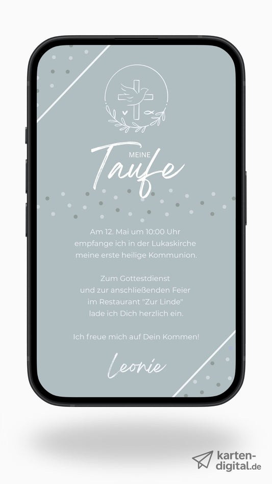 Schlichte digitale Taufeinladung mit christlichem Symbol – modern & würdevoll