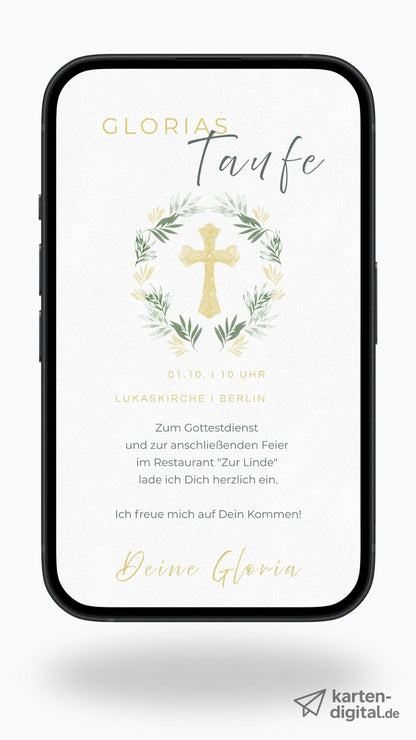 Digitale Taufeinladung – schlicht & elegant mit goldener Kreuzgrafik