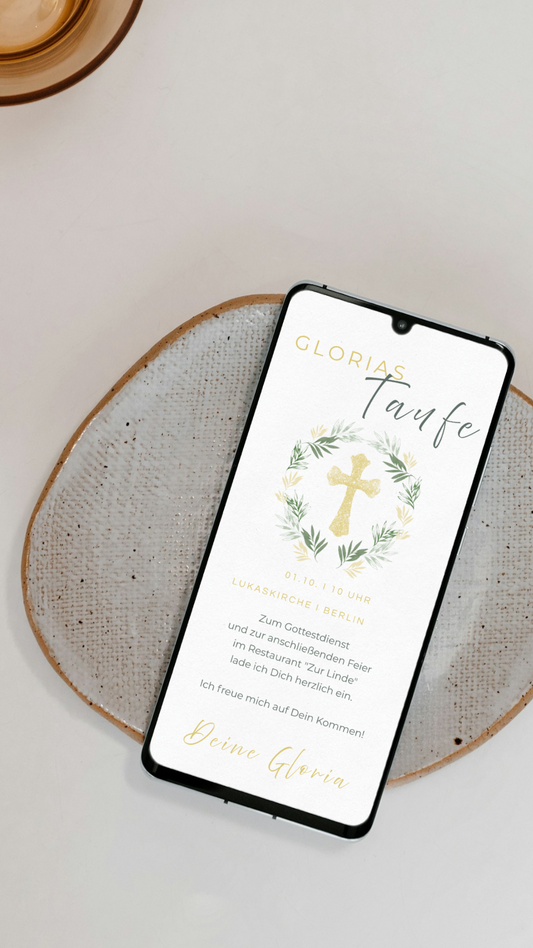 Digitale Taufeinladung – schlicht & elegant mit goldener Kreuzgrafik