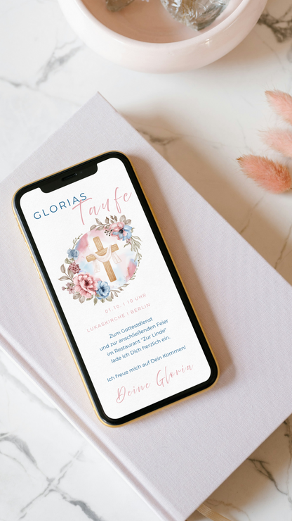 Digitale Taufeinladung – liebevoll gestaltet mit Blumenkranz & Holzkreuz
