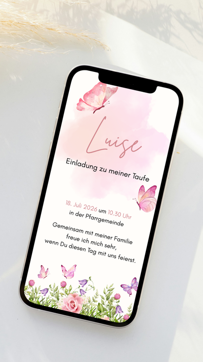 Digitale Taufeinladung mit Schmetterlingen & Blumen – liebevoll-verspielte Einladung zur Taufe