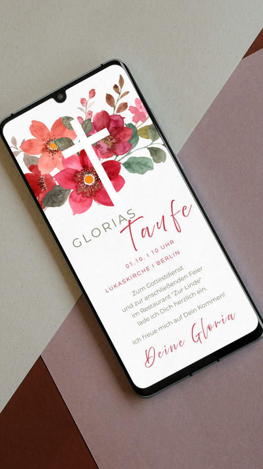 Digitale Taufeinladung – florales Design mit Kreuz in kräftigen Rottönen