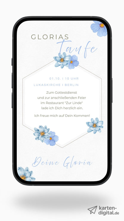 Digitale Taufeinladung – zartes Aquarelldesign mit blauen Blumen