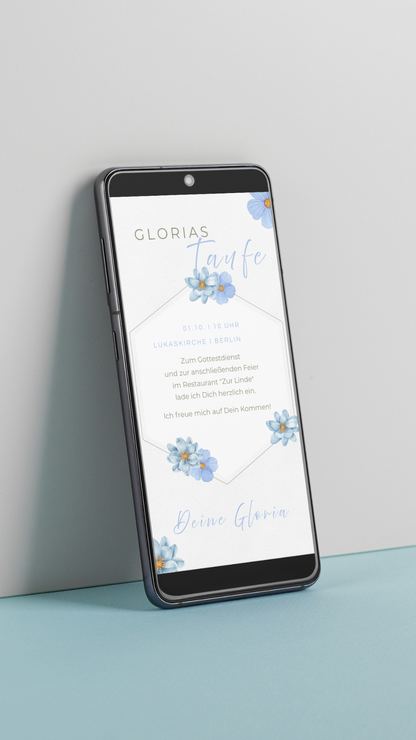 Digitale Taufeinladung – zartes Aquarelldesign mit blauen Blumen