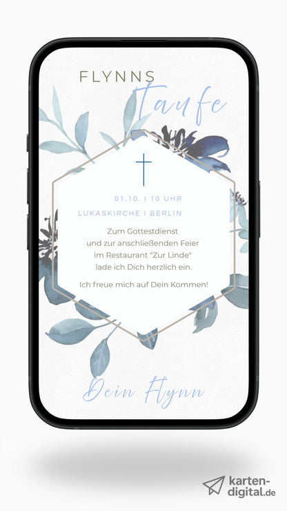 Digitale Taufeinladung – stilvoll & modern mit blauen Aquarellblättern