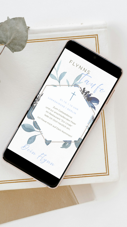 Digitale Taufeinladung – stilvoll & modern mit blauen Aquarellblättern
