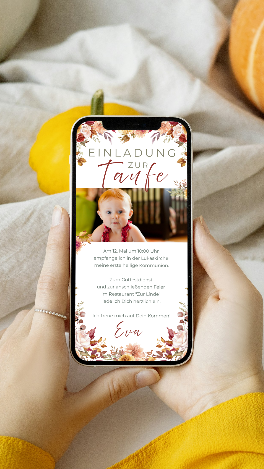 Digitale Taufeinladung mit Foto – herbstlich, liebevoll & persönlich