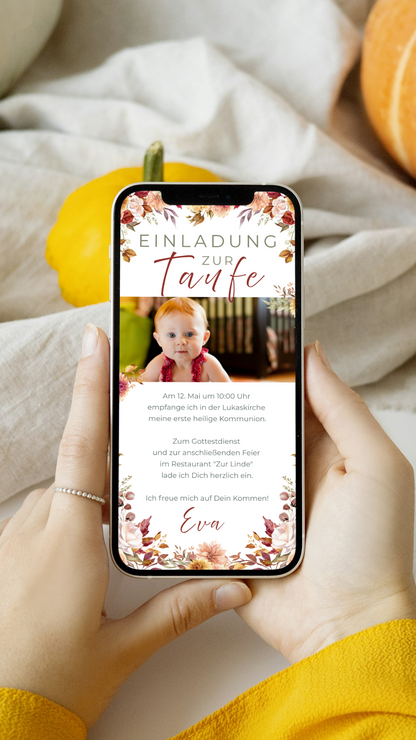 Digitale Taufeinladung mit Foto – herbstlich, liebevoll & persönlich