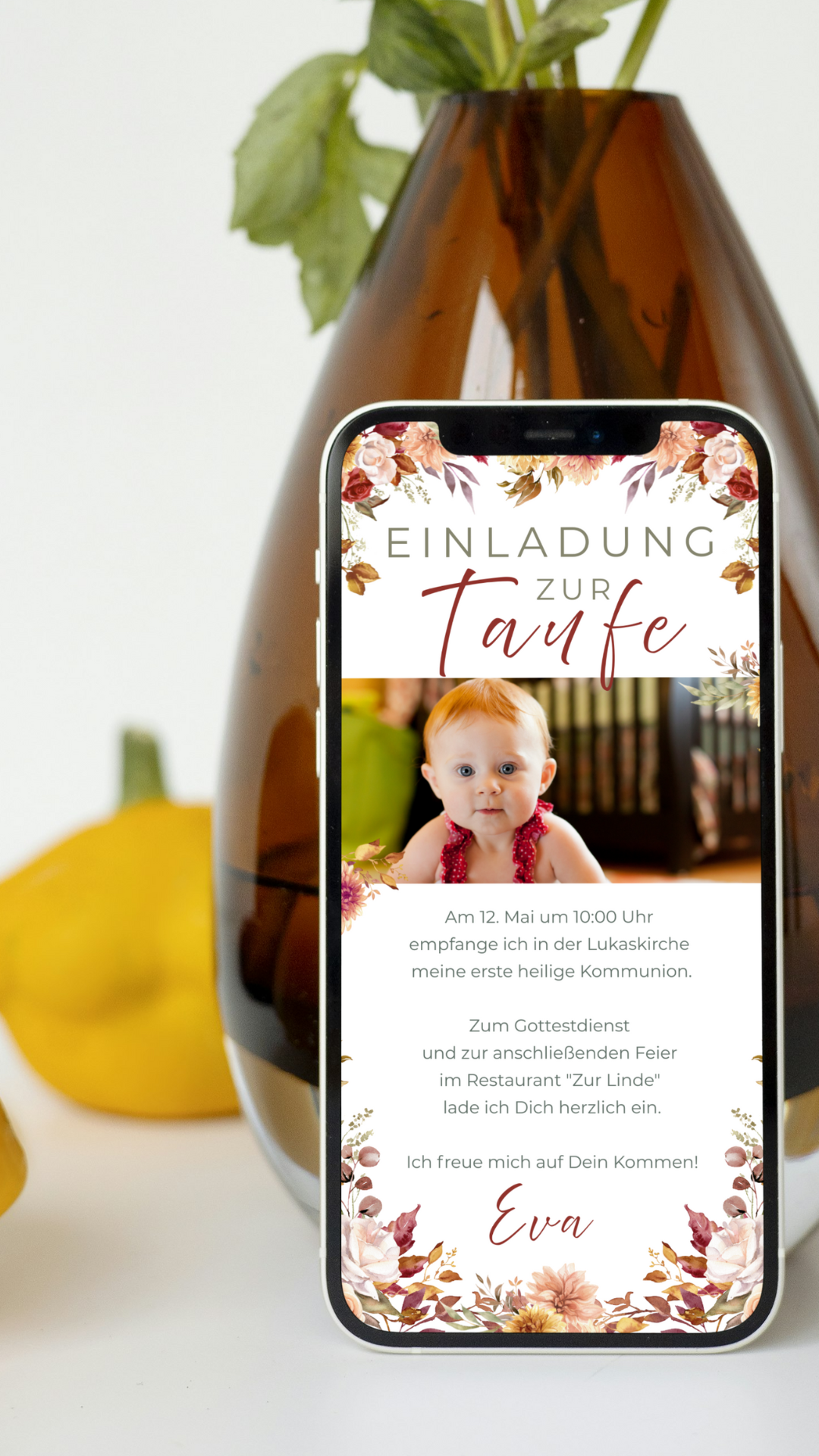 Digitale Taufeinladung mit Foto – herbstlich, liebevoll & persönlich