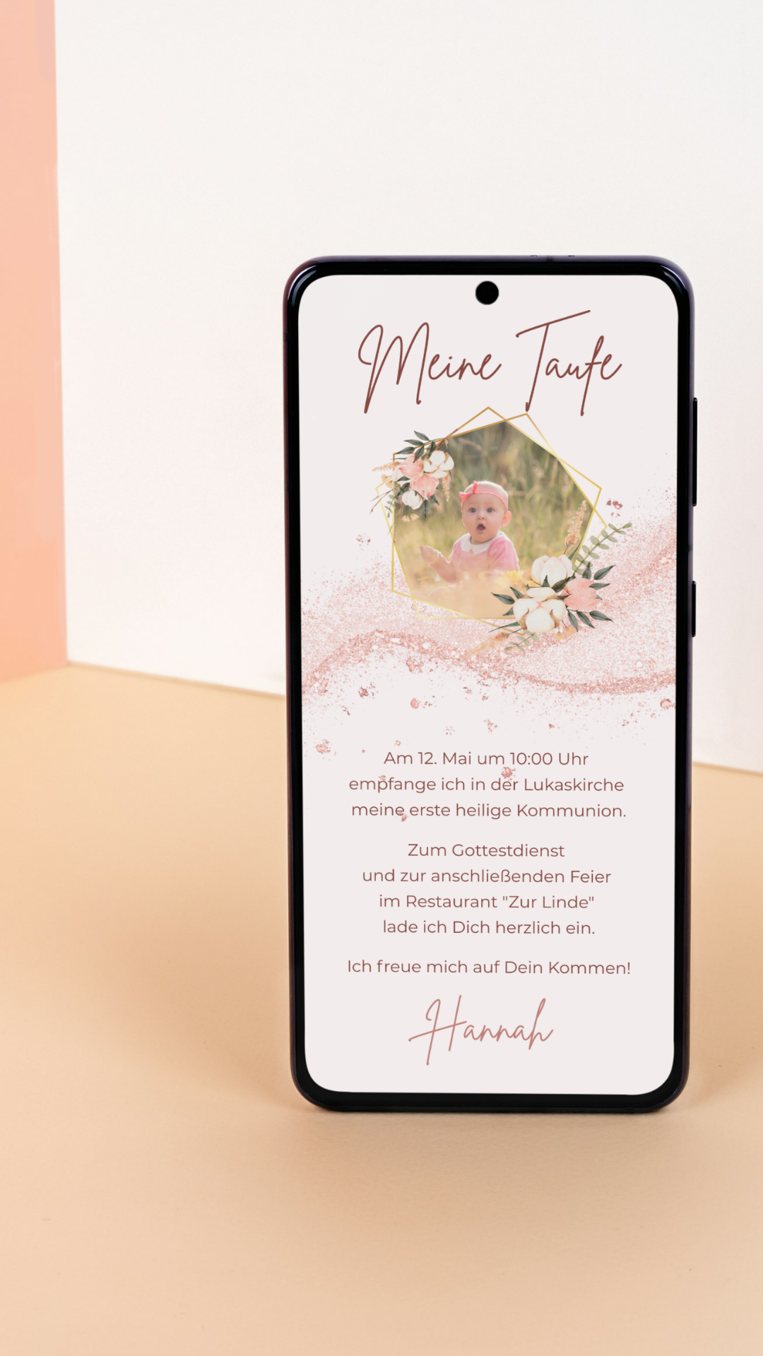 Digitale Taufeinladung in Roségold – elegante & schlichte Einladung zur Taufe