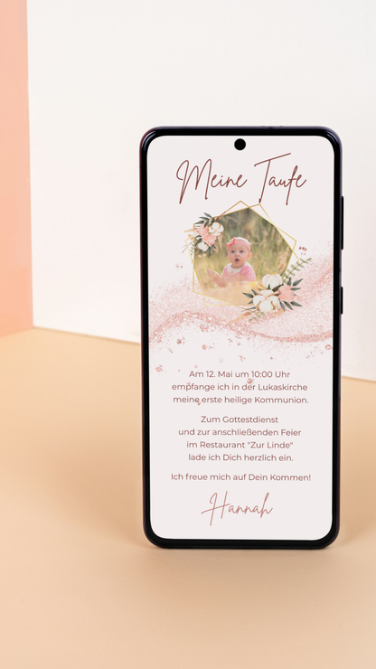 Digitale Taufeinladung in Roségold – elegante & schlichte Einladung zur Taufe