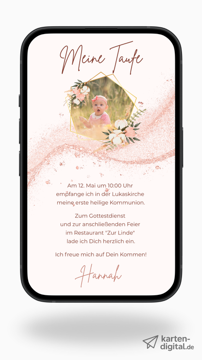 Digitale Taufeinladung in Roségold – elegante & schlichte Einladung zur Taufe