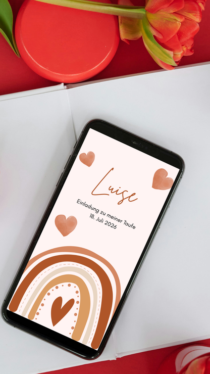 Digitale Taufeinladung mit Herz-Regenbogen & Segensspruch – zweiseitige Einladung zur Taufe