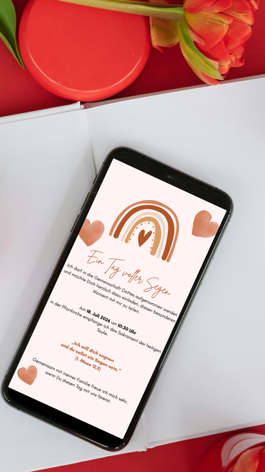 Digitale Taufeinladung mit Herz-Regenbogen & Segensspruch – zweiseitige Einladung zur Taufe