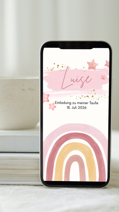 Digitale Taufeinladung mit Regenbogen & Sternen – zweiseitige Einladung zur Taufe mit Segensspruch
