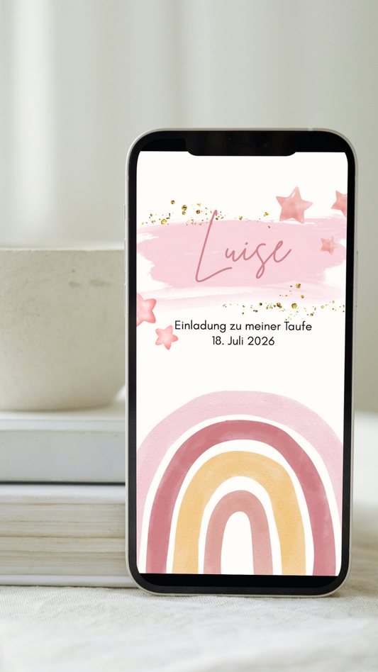 Digitale Taufeinladung mit Regenbogen & Sternen – zweiseitige Einladung zur Taufe mit Segensspruch