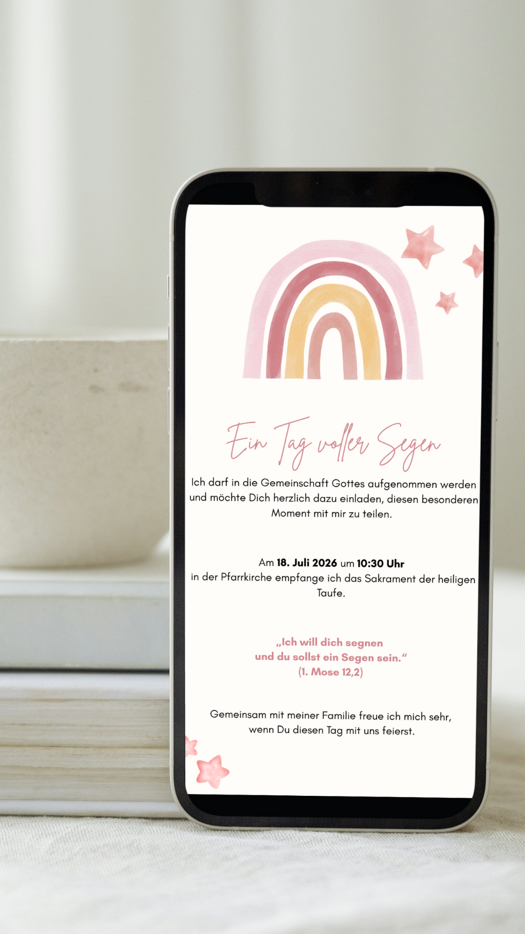 Digitale Taufeinladung mit Regenbogen & Sternen – zweiseitige Einladung zur Taufe mit Segensspruch